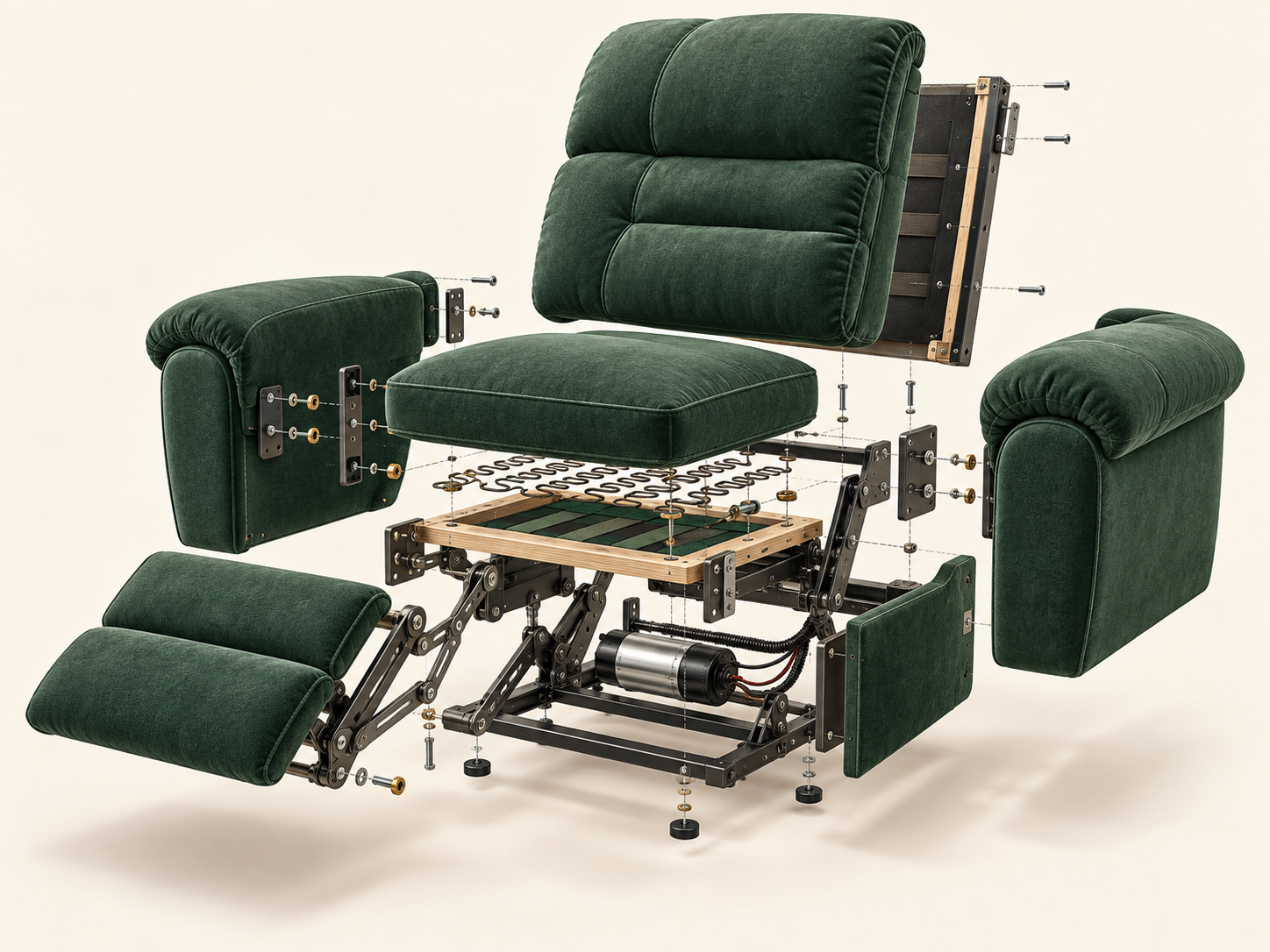 Illustration of a recliner separated into its cushions, springs, linkage, motor and hardware
